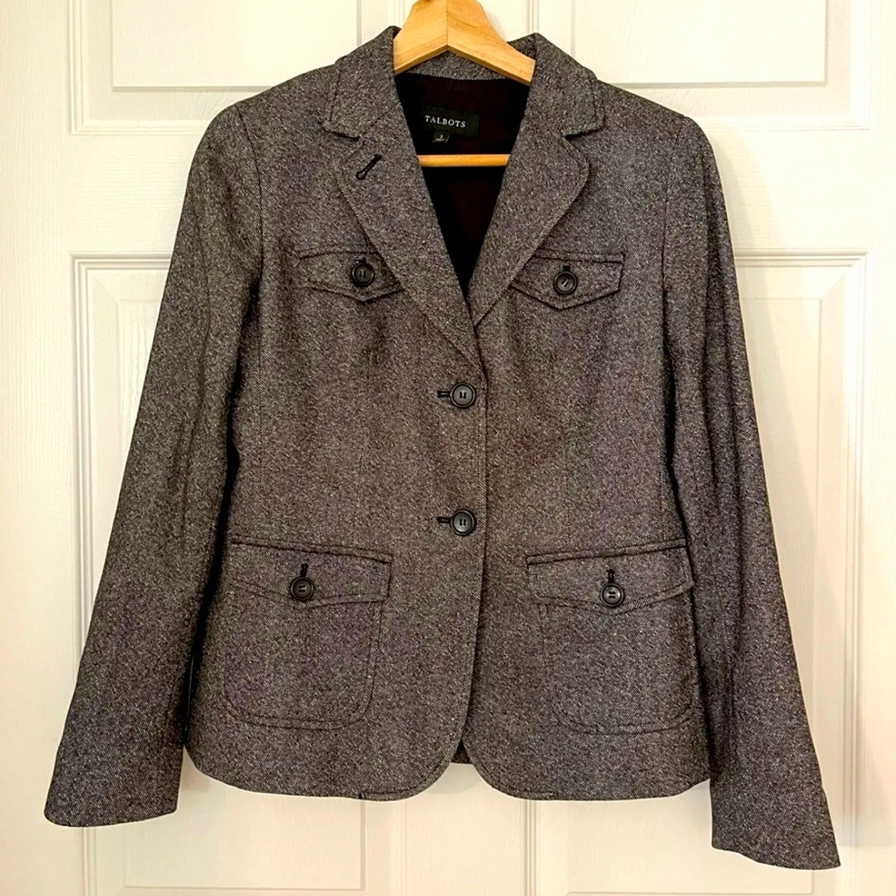Talbots Ladies 8P Wool Blend Grey Tweed Look Classic Quality Blazer